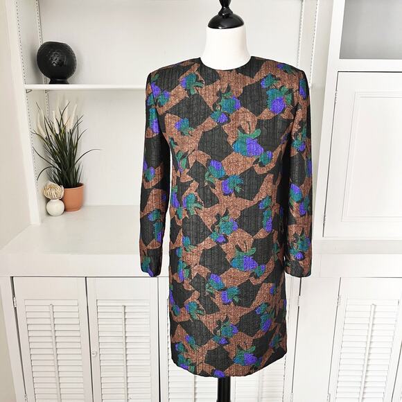 Vintage Martin Ross Quilted Textured Floral Bow Back Shift Dress Size S - Picture 1 of 8